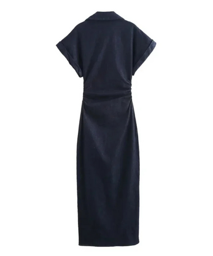 Evelyn &ndash; Women&rsquo;s Denim Midi Dress Slim Fit with Ruched Waist - Auvrya