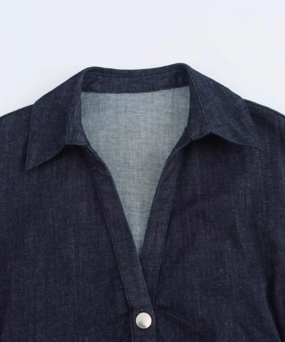 Evelyn &ndash; Women&rsquo;s Denim Midi Dress Slim Fit with Ruched Waist - Auvrya