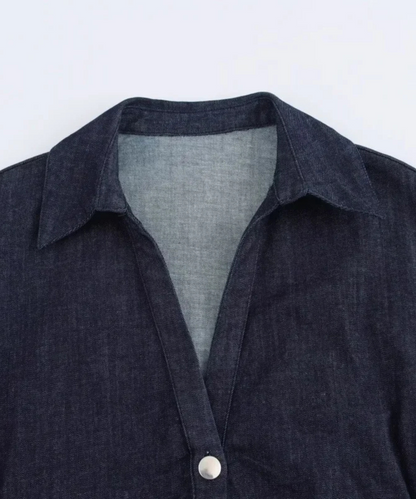 Evelyn &ndash; Women&rsquo;s Denim Midi Dress Slim Fit with Ruched Waist - Auvrya