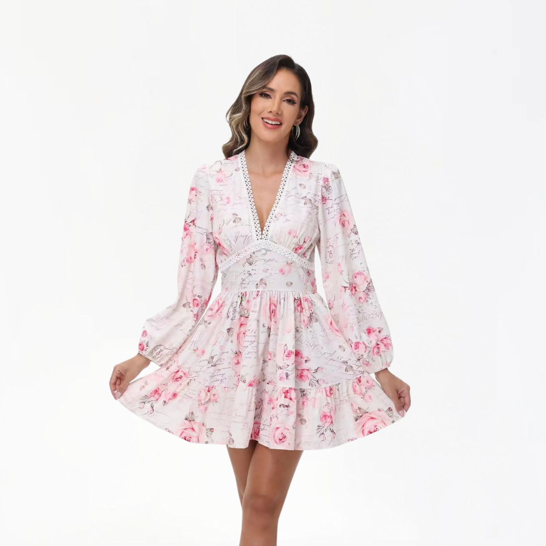 Genesis – Women’s Floral V-Neck Mini Dress with Long Lantern Sleeves - Auvrya