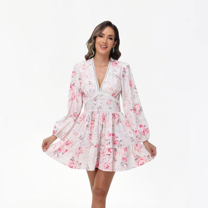 Genesis – Women’s Floral V-Neck Mini Dress with Long Lantern Sleeves - Auvrya