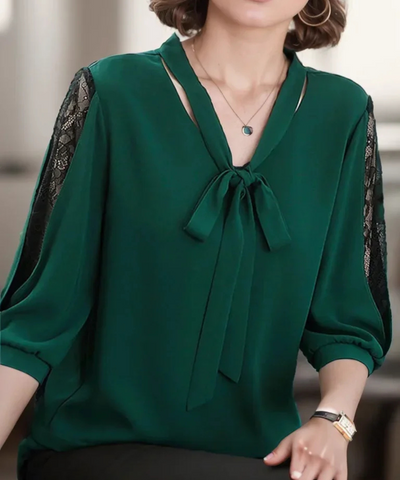 Gianna – Women’s Casual Blouse Tie-Neck Lace Sleeve Loose Fit Top - Auvrya