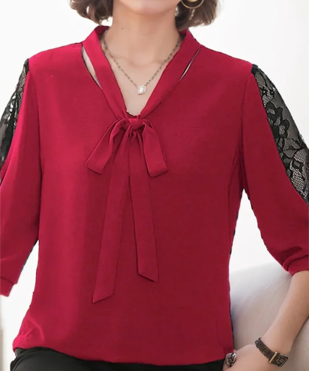 Gianna – Women’s Casual Blouse Tie-Neck Lace Sleeve Loose Fit Top - Auvrya