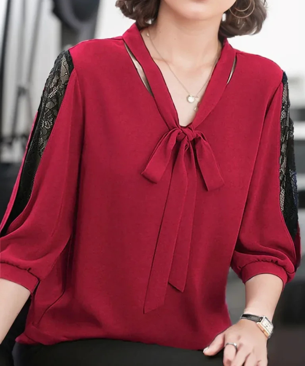 Gianna – Women’s Casual Blouse Tie-Neck Lace Sleeve Loose Fit Top - Auvrya