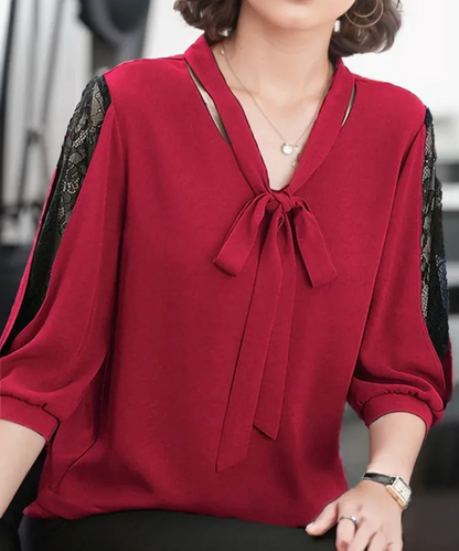 Gianna – Women’s Casual Blouse Tie-Neck Lace Sleeve Loose Fit Top - Auvrya