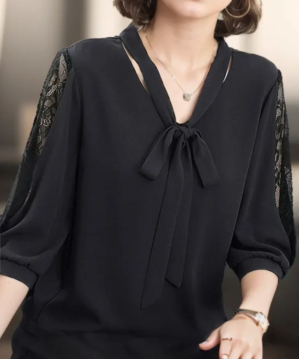 Gianna – Women’s Casual Blouse Tie-Neck Lace Sleeve Loose Fit Top - Auvrya