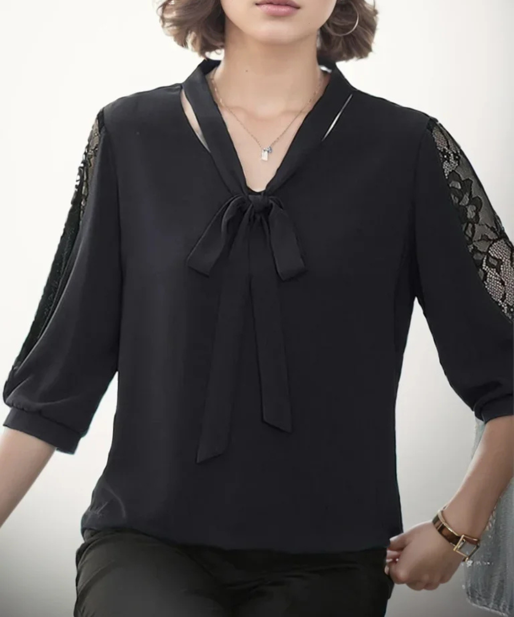 Gianna – Women’s Casual Blouse Tie-Neck Lace Sleeve Loose Fit Top - Auvrya
