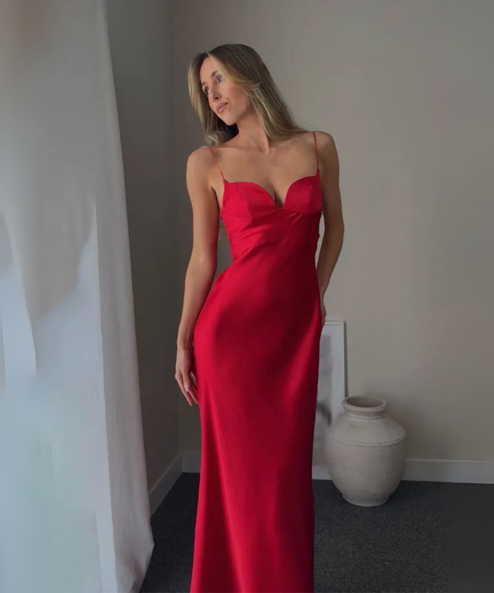 Hannah &ndash; Women&rsquo;s Satin Maxi Dress Sleeveless V-Neck with Straps - Auvrya