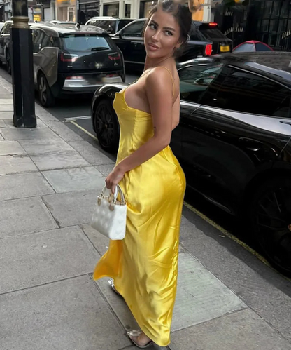 Hannah &ndash; Women&rsquo;s Satin Maxi Dress Sleeveless V-Neck with Straps - Auvrya