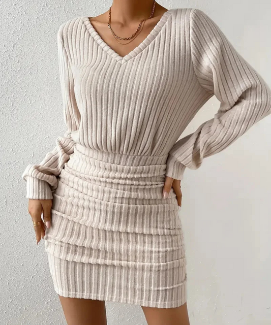 Hazel &ndash; Women&rsquo;s Knitted Bodycon Mini Dress Long Sleeve V-Neck Casual - Auvrya