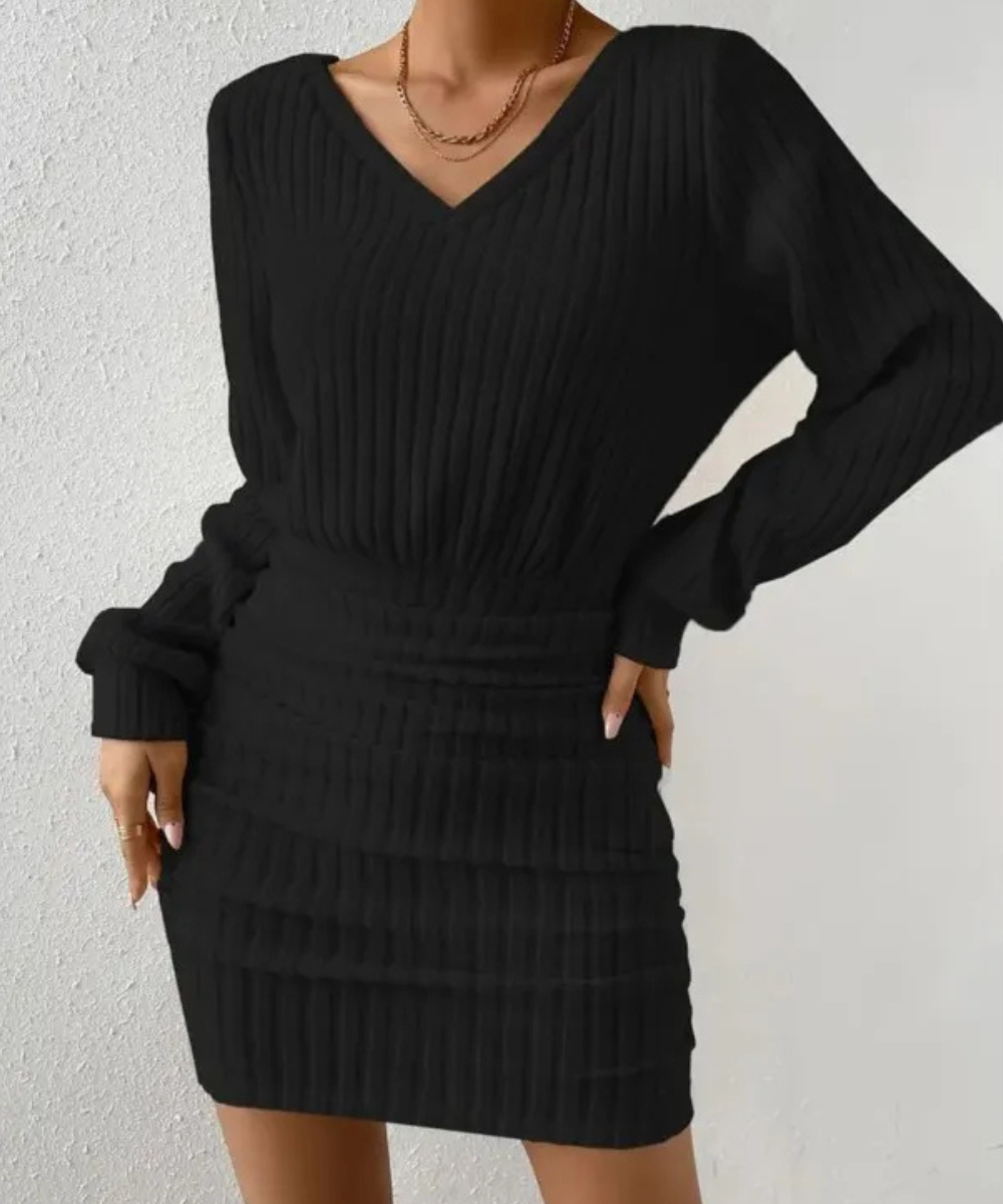 Hazel &ndash; Women&rsquo;s Knitted Bodycon Mini Dress Long Sleeve V-Neck Casual - Auvrya
