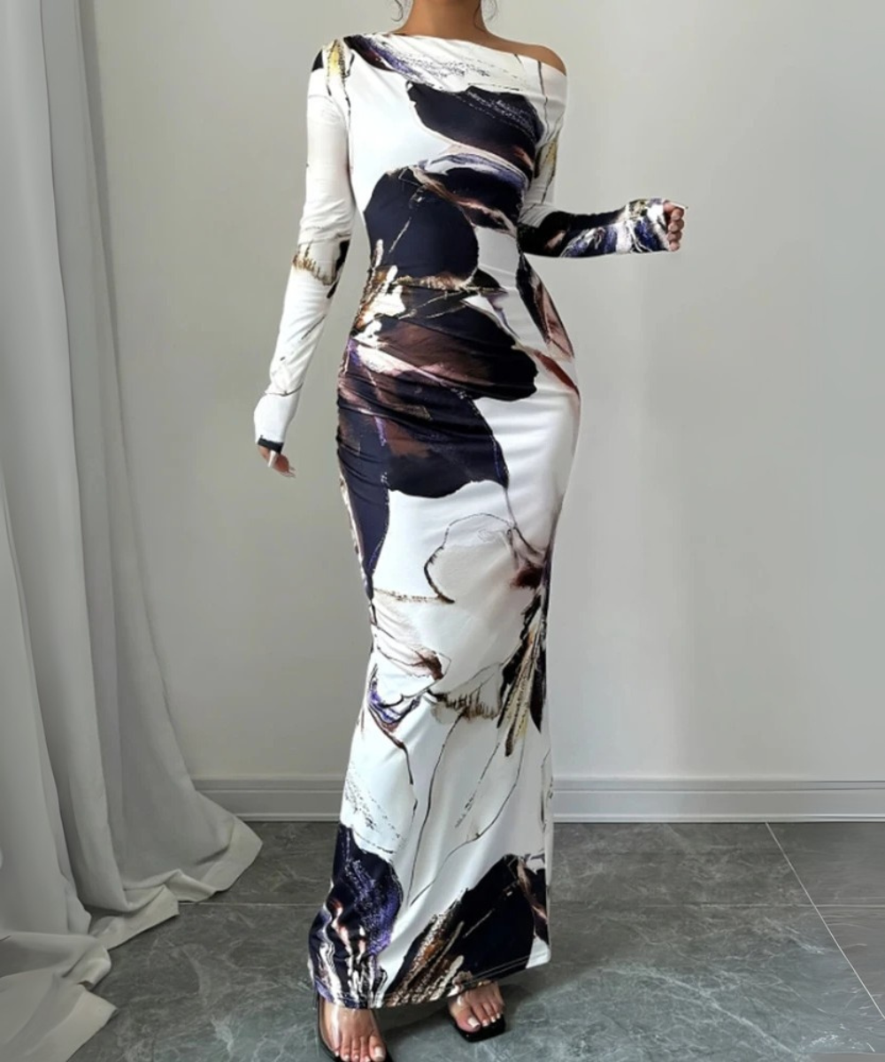 Isla – Women’s Elegant Bodycon Maxi Dress Long Sleeve Asymmetrical Neckline - Auvrya