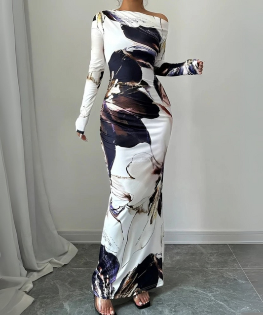 Isla – Women’s Elegant Bodycon Maxi Dress Long Sleeve Asymmetrical Neckline - Auvrya