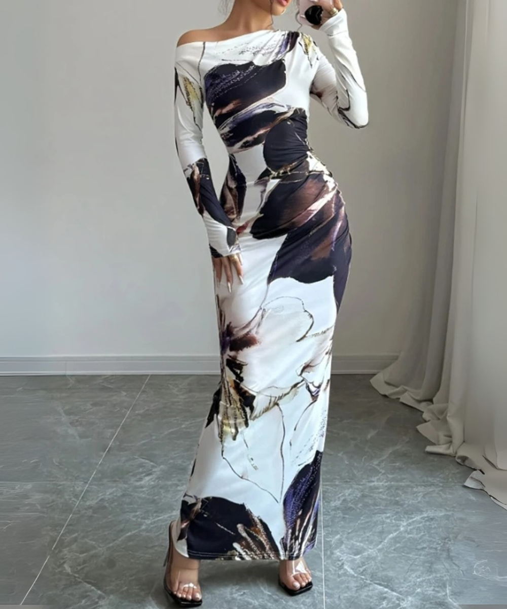 Isla – Women’s Elegant Bodycon Maxi Dress Long Sleeve Asymmetrical Neckline - Auvrya