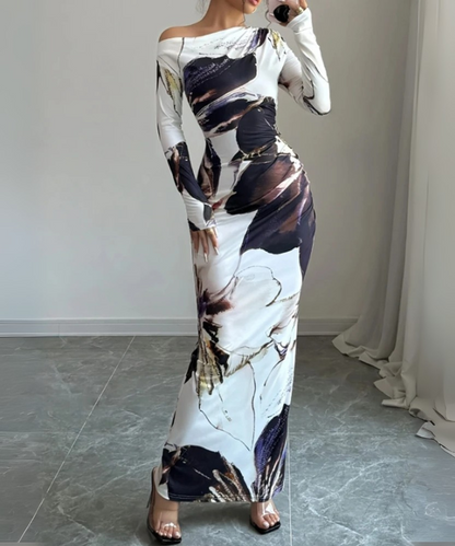 Isla – Women’s Elegant Bodycon Maxi Dress Long Sleeve Asymmetrical Neckline - Auvrya