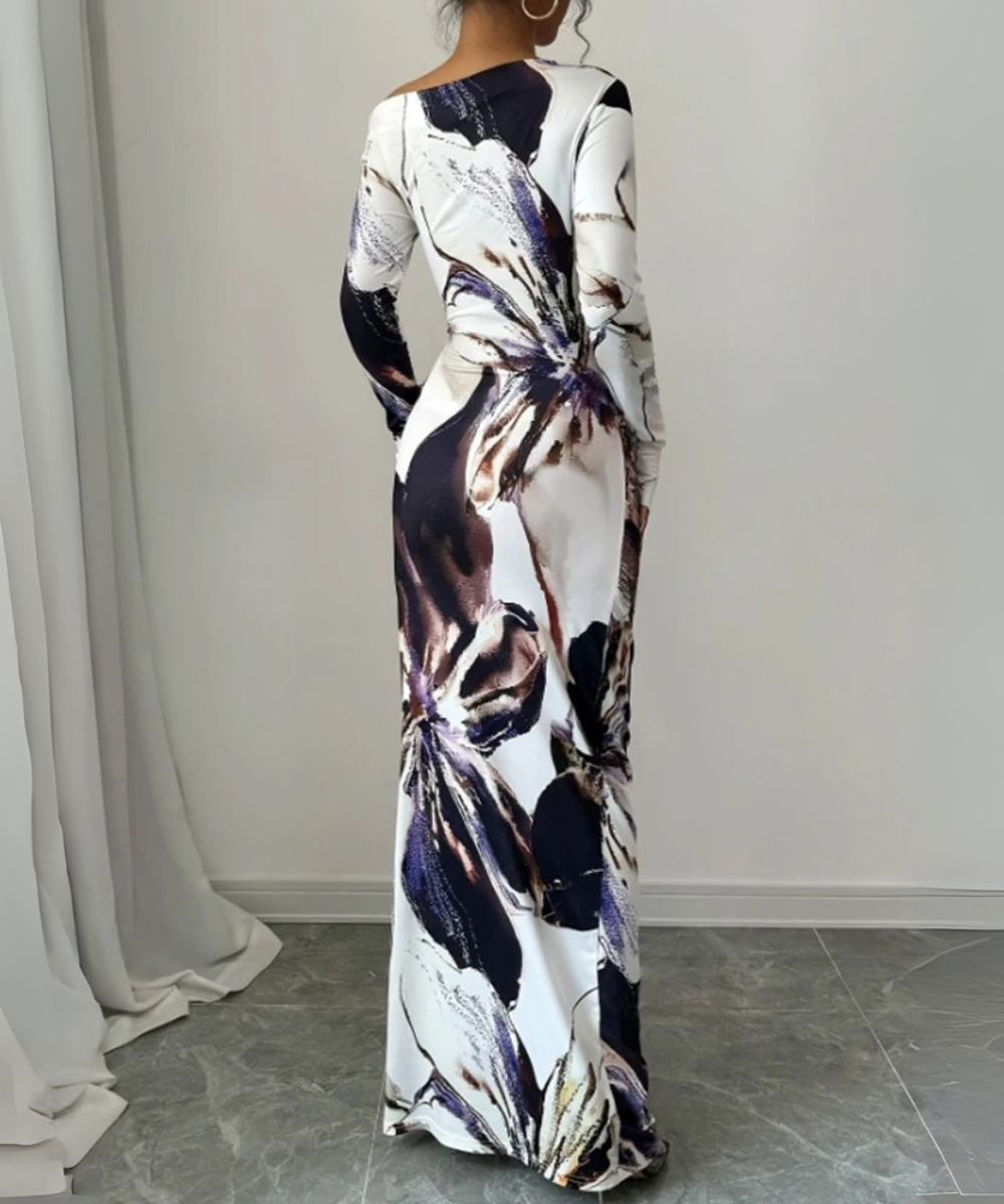 Isla – Women’s Elegant Bodycon Maxi Dress Long Sleeve Asymmetrical Neckline - Auvrya