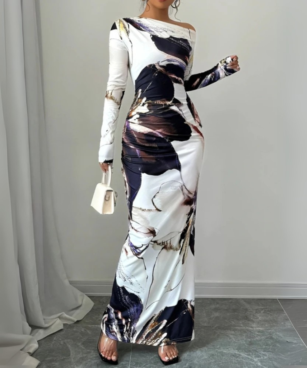 Isla – Women’s Elegant Bodycon Maxi Dress Long Sleeve Asymmetrical Neckline - Auvrya