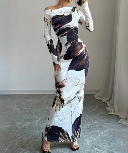 Isla – Women’s Elegant Bodycon Maxi Dress Long Sleeve Asymmetrical Neckline - Auvrya