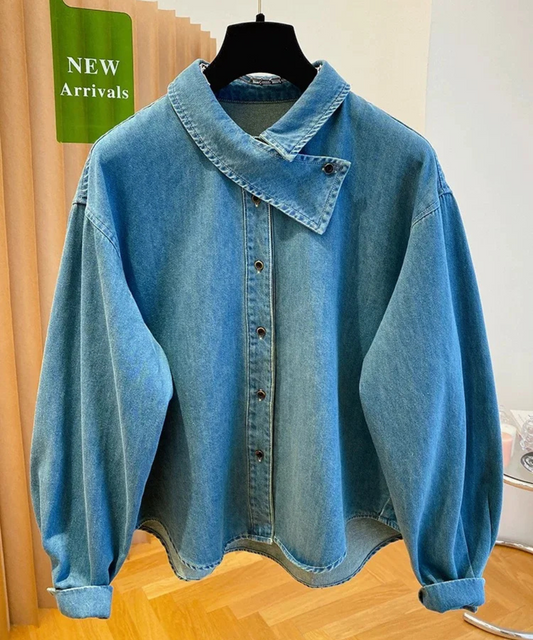 Jade – Women’s Oversized Blue Denim Shirt Long Sleeve Casual Blouse - Auvrya