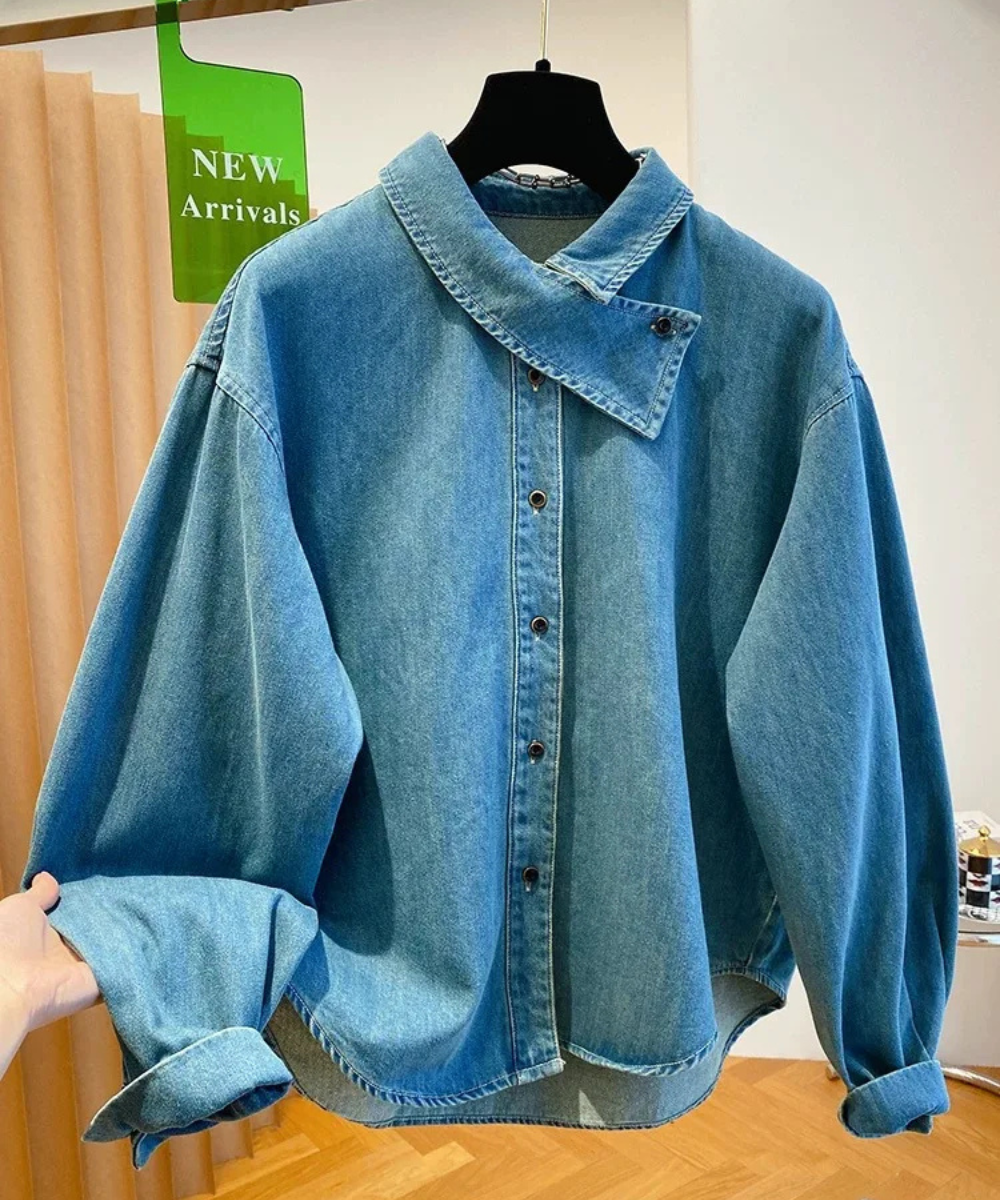 Jade – Women’s Oversized Blue Denim Shirt Long Sleeve Casual Blouse - Auvrya