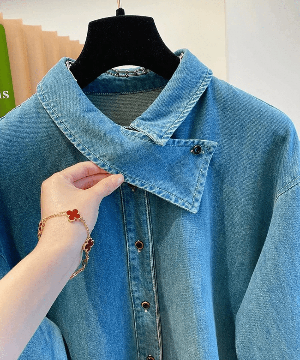 Jade – Women’s Oversized Blue Denim Shirt Long Sleeve Casual Blouse - Auvrya