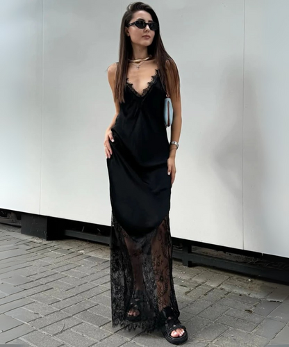 Luna &ndash; Women&rsquo;s V Neck Lace Maxi Dress Slim Elegant Evening Dress - Auvrya