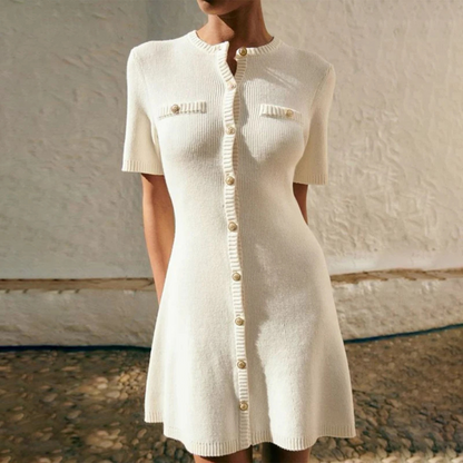 Madeline – Women’s White Knitted Mini Dress with Button Detail - Auvrya