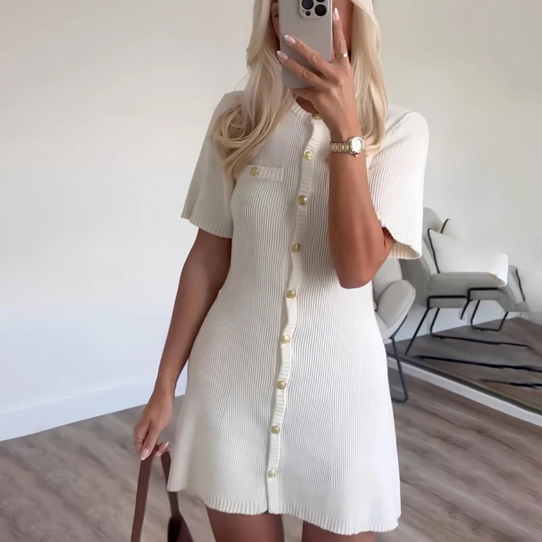 Madeline – Women’s White Knitted Mini Dress with Button Detail - Auvrya