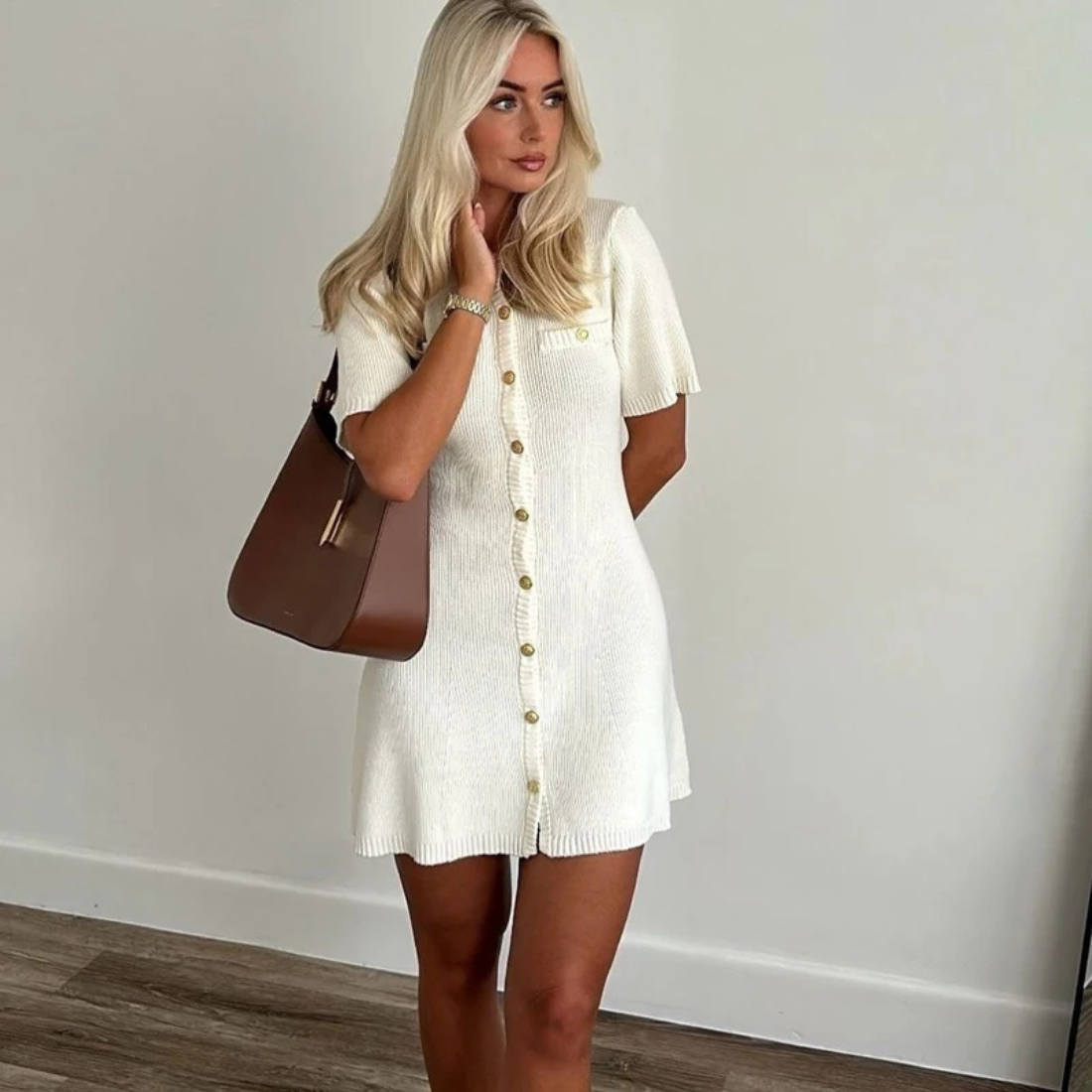 Madeline – Women’s White Knitted Mini Dress with Button Detail - Auvrya