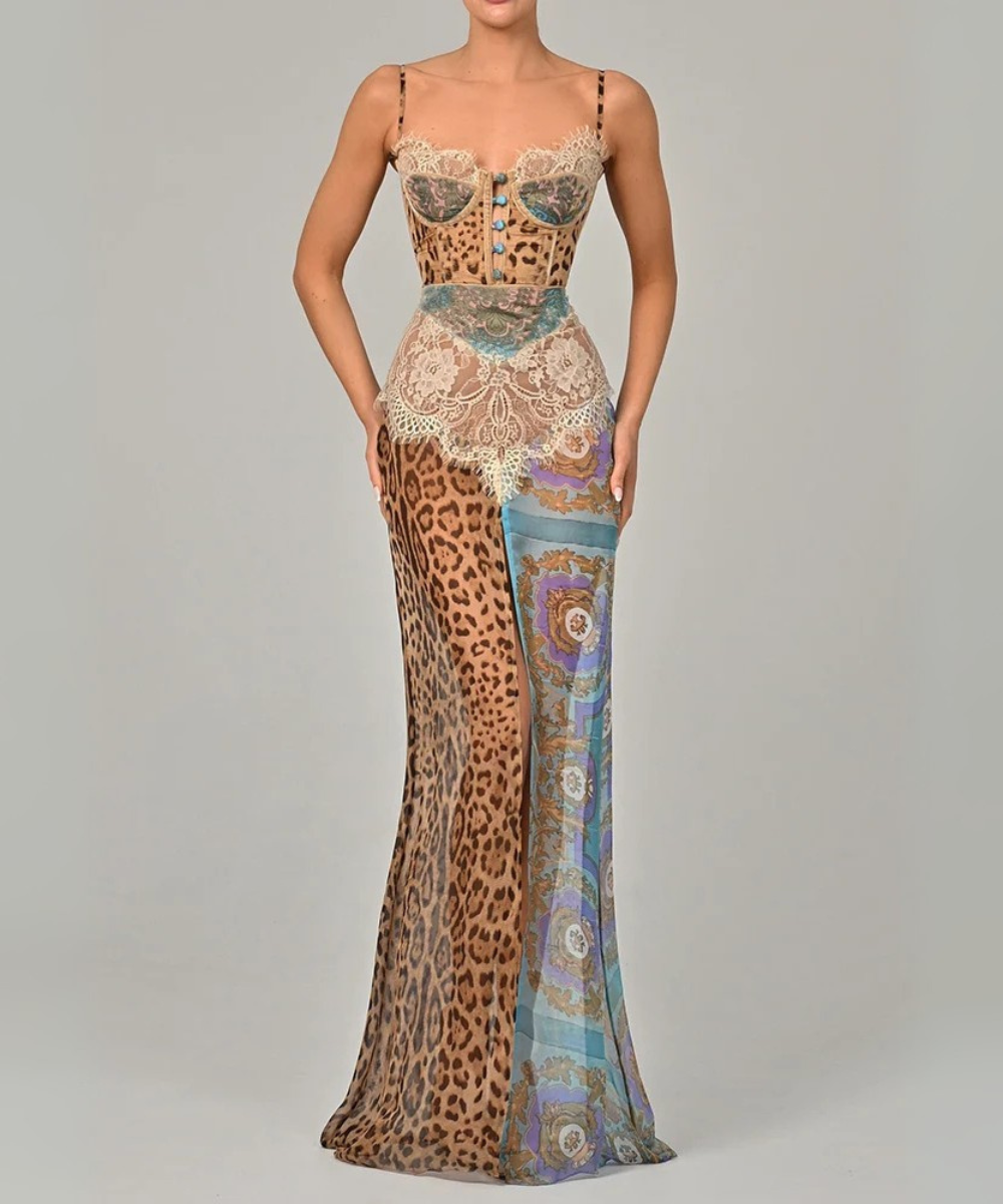 Madelyn – Women’s Leopard Print Chiffon Maxi Dress with Lace Detail - Auvrya