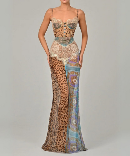 Madelyn – Women’s Leopard Print Chiffon Maxi Dress with Lace Detail - Auvrya