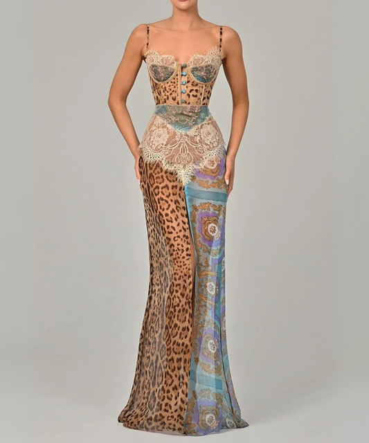 Madelyn – Women’s Leopard Print Chiffon Maxi Dress with Lace Detail - Auvrya