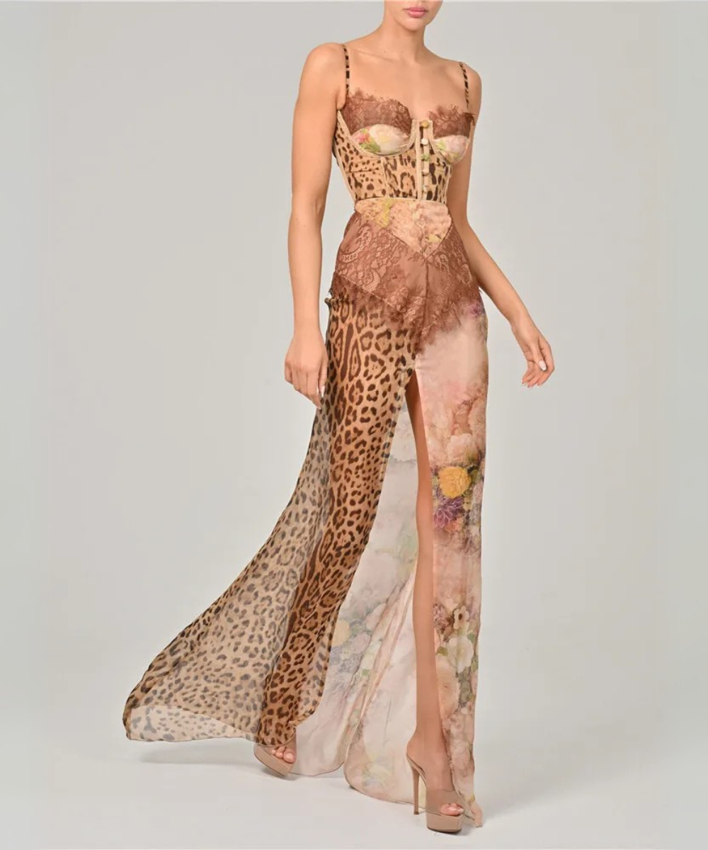 Madelyn – Women’s Leopard Print Chiffon Maxi Dress with Lace Detail - Auvrya