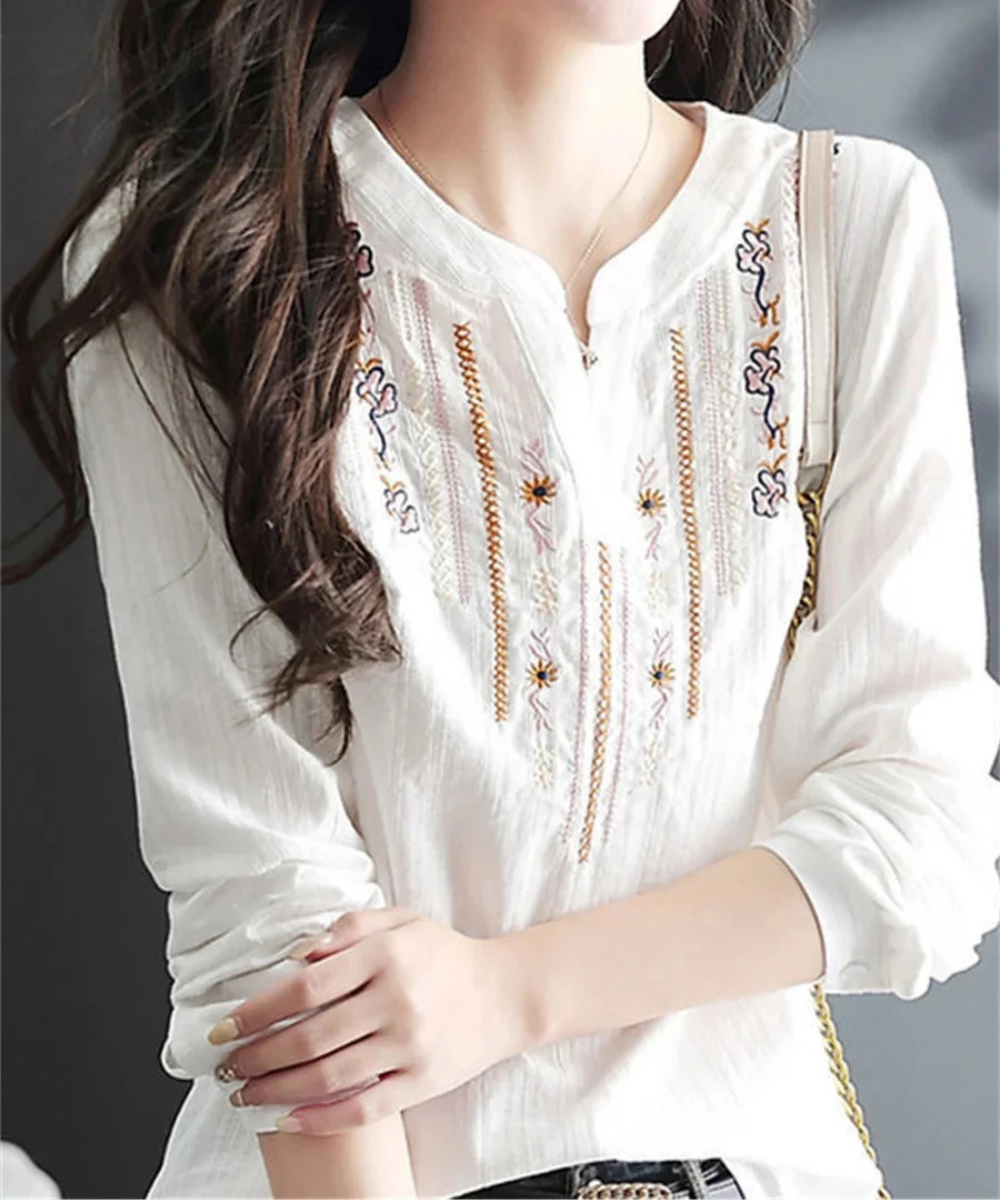 Maria – Women’s White Embroidered V-Neck Long Sleeve Blouse Loose Fit - Auvrya