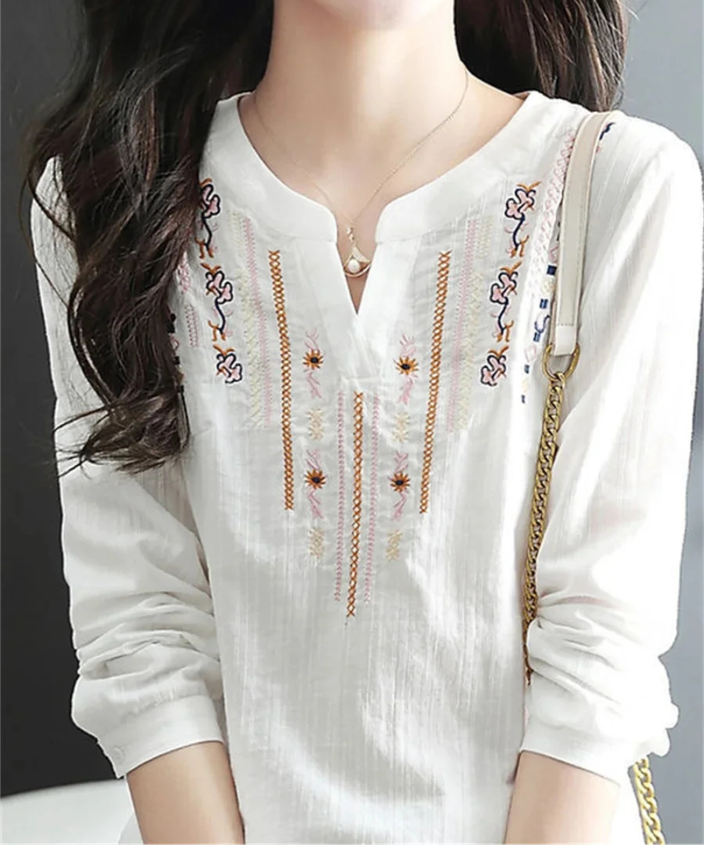 Maria – Women’s White Embroidered V-Neck Long Sleeve Blouse Loose Fit - Auvrya