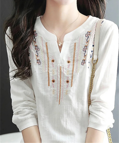 Maria – Women’s White Embroidered V-Neck Long Sleeve Blouse Loose Fit - Auvrya