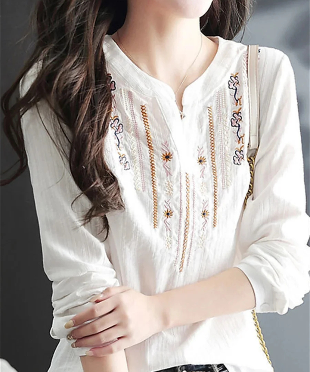 Maria – Women’s White Embroidered V-Neck Long Sleeve Blouse Loose Fit - Auvrya
