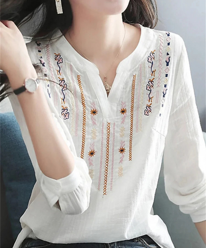 Maria – Women’s White Embroidered V-Neck Long Sleeve Blouse Loose Fit - Auvrya