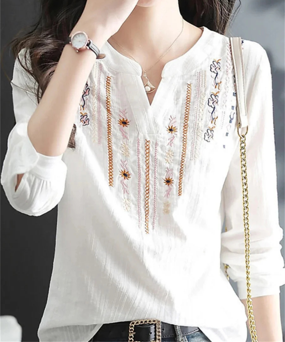 Maria – Women’s White Embroidered V-Neck Long Sleeve Blouse Loose Fit - Auvrya