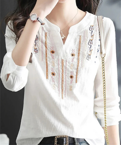 Maria – Women’s White Embroidered V-Neck Long Sleeve Blouse Loose Fit - Auvrya