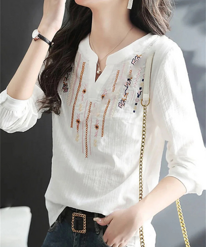 Maria – Women’s White Embroidered V-Neck Long Sleeve Blouse Loose Fit - Auvrya