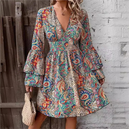 Maya – Women’s Boho Floral V-Neck Mini Dress with Flared Sleeves - Auvrya
