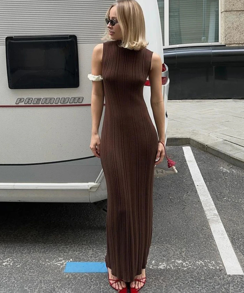 Naomi – Women’s Knit Maxi Dress Sleeveless Ribbed High Neck - Auvrya