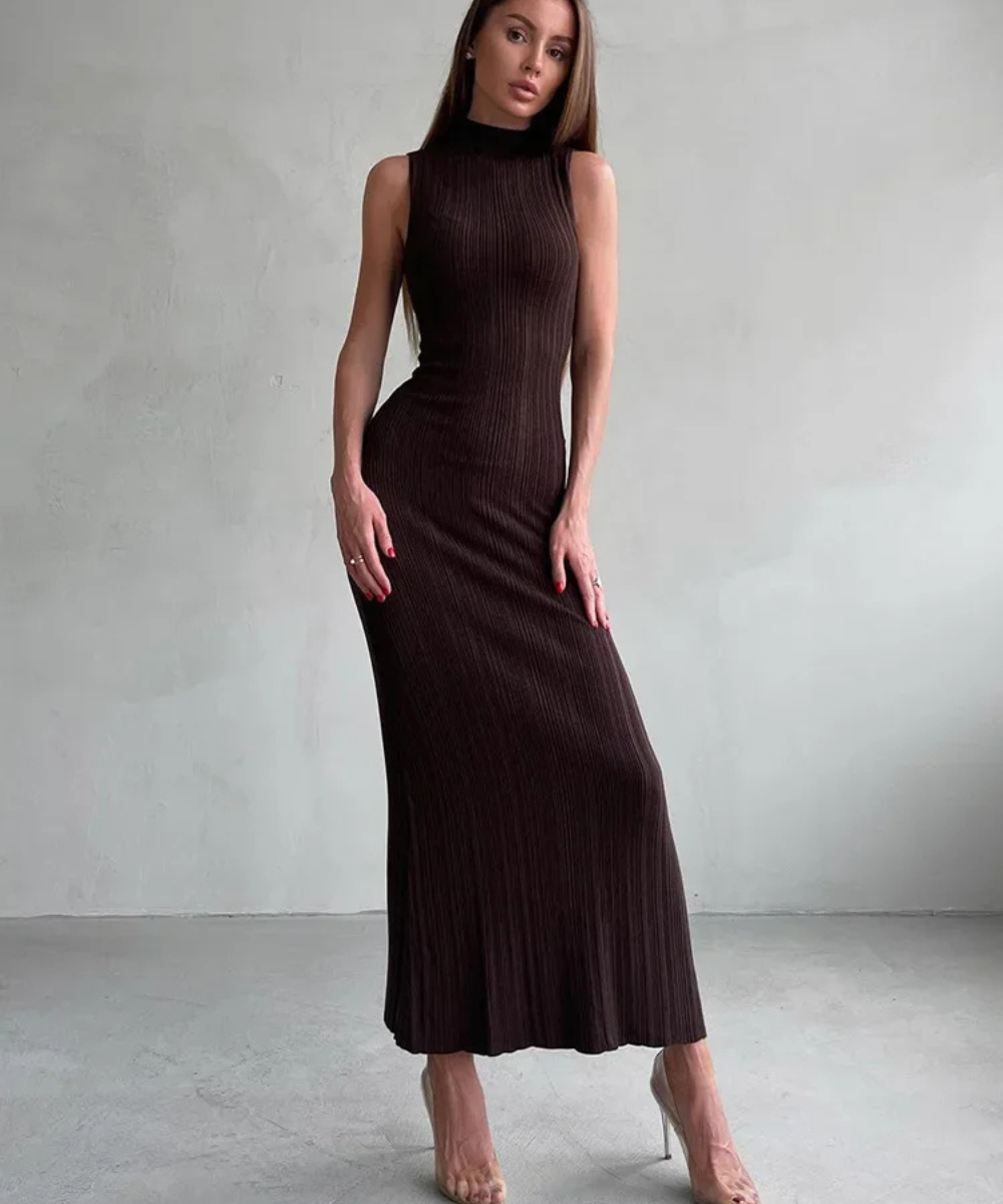 Naomi – Women’s Knit Maxi Dress Sleeveless Ribbed High Neck - Auvrya