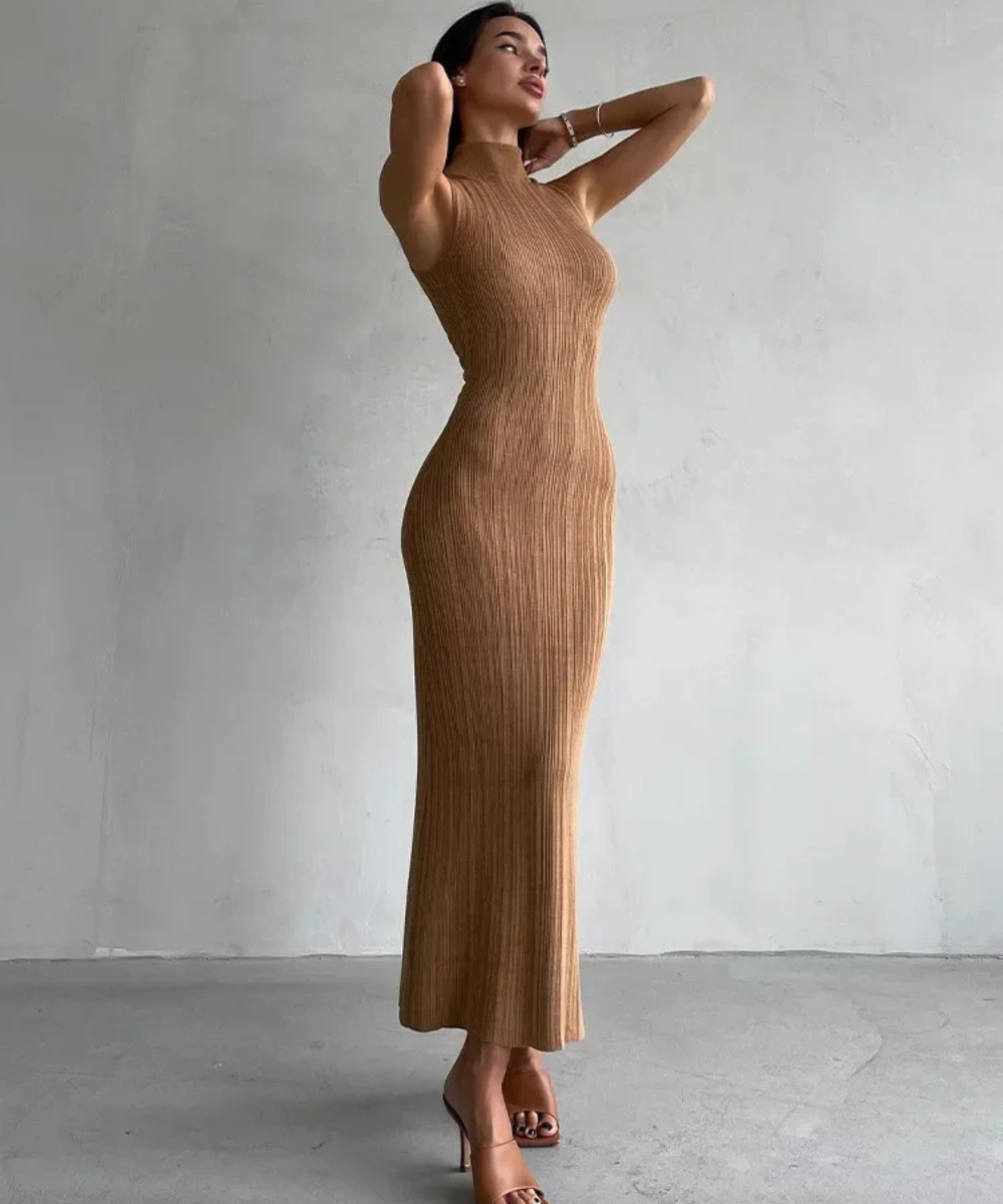 Naomi – Women’s Knit Maxi Dress Sleeveless Ribbed High Neck - Auvrya