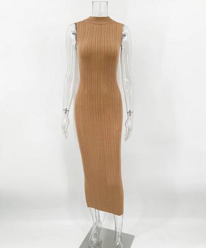 Naomi – Women’s Knit Maxi Dress Sleeveless Ribbed High Neck - Auvrya