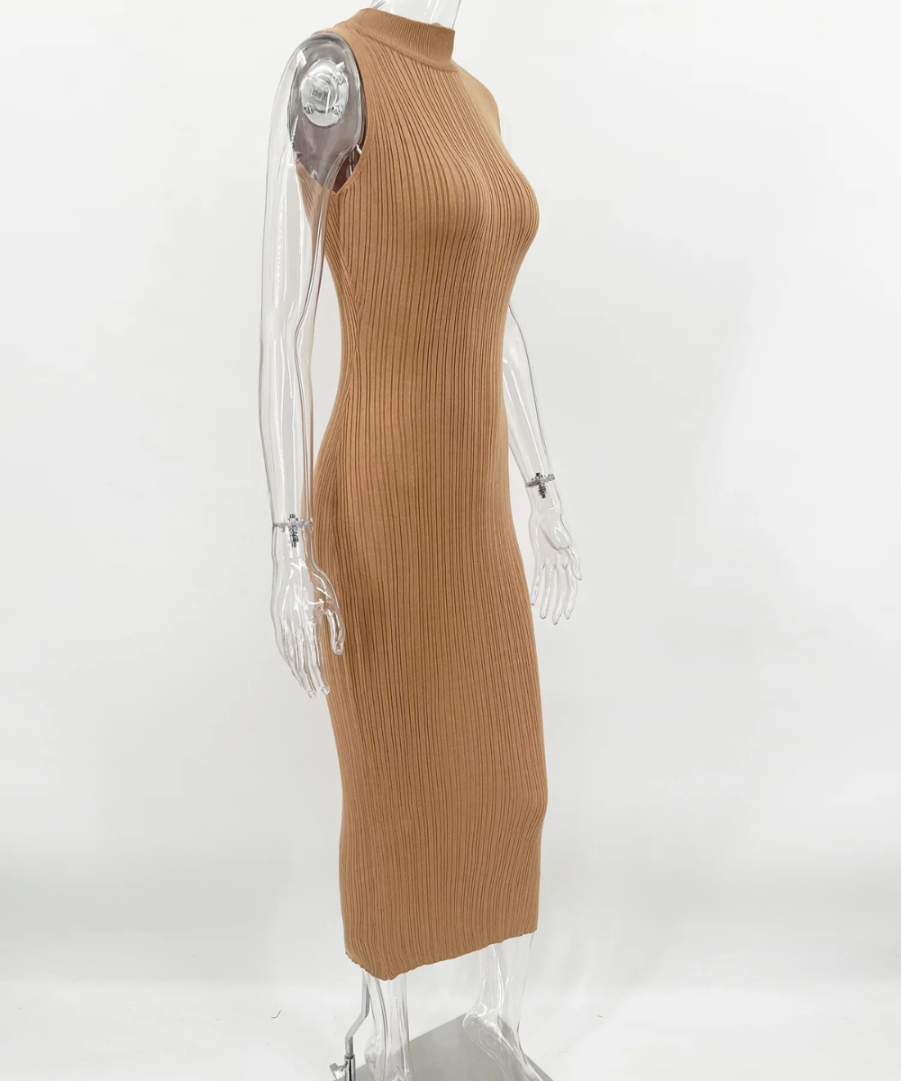 Naomi – Women’s Knit Maxi Dress Sleeveless Ribbed High Neck - Auvrya
