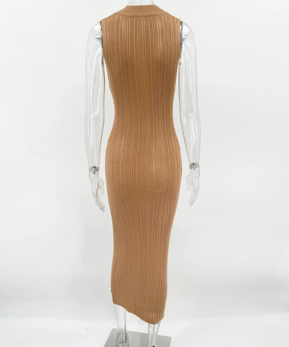 Naomi – Women’s Knit Maxi Dress Sleeveless Ribbed High Neck - Auvrya