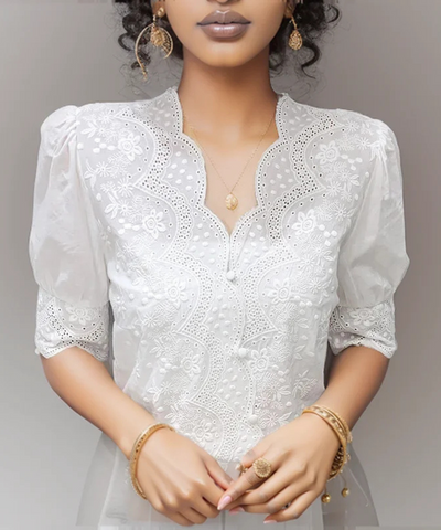 Natalie – Women’s White Embroidered Linen Cotton Puff Sleeve Blouse - Auvrya