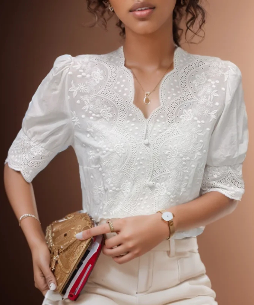 Natalie – Women’s White Embroidered Linen Cotton Puff Sleeve Blouse - Auvrya